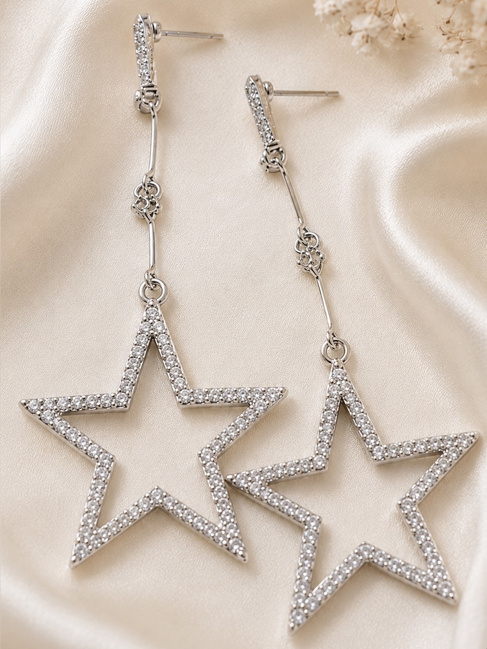 Star Shaped Cubic Zirconia Bling Silver Plated Drop Earrings - Picture 4 of 7